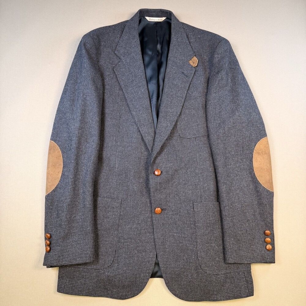 VTG Stafford Mens Tweed Sport Coat Blue Lambs Wool Elbow Patch 42XL USA Long EUC